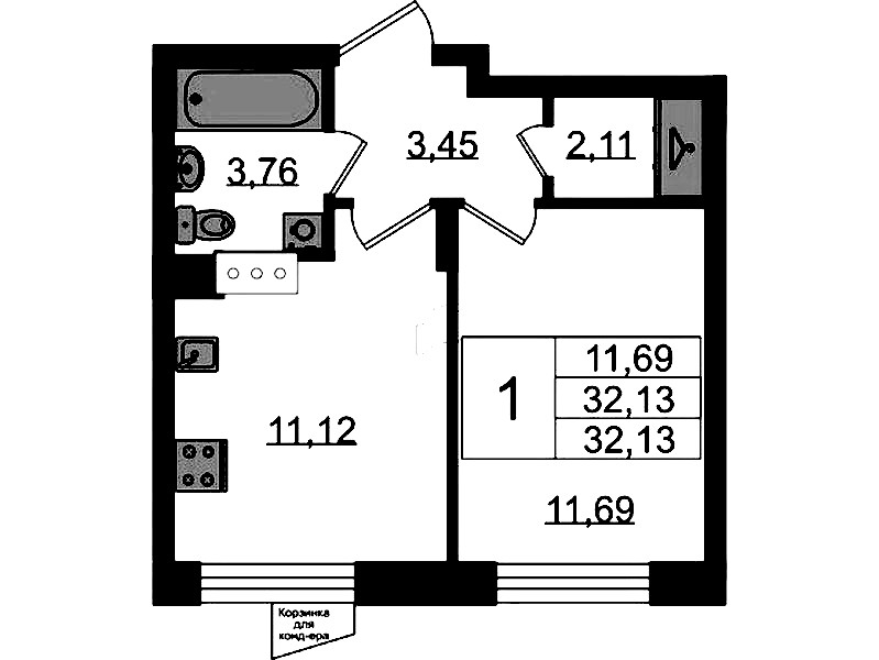 1-комнатная квартира 32.13 м², 2/11 эт., ЖК «VEREN NORT Сертолово»